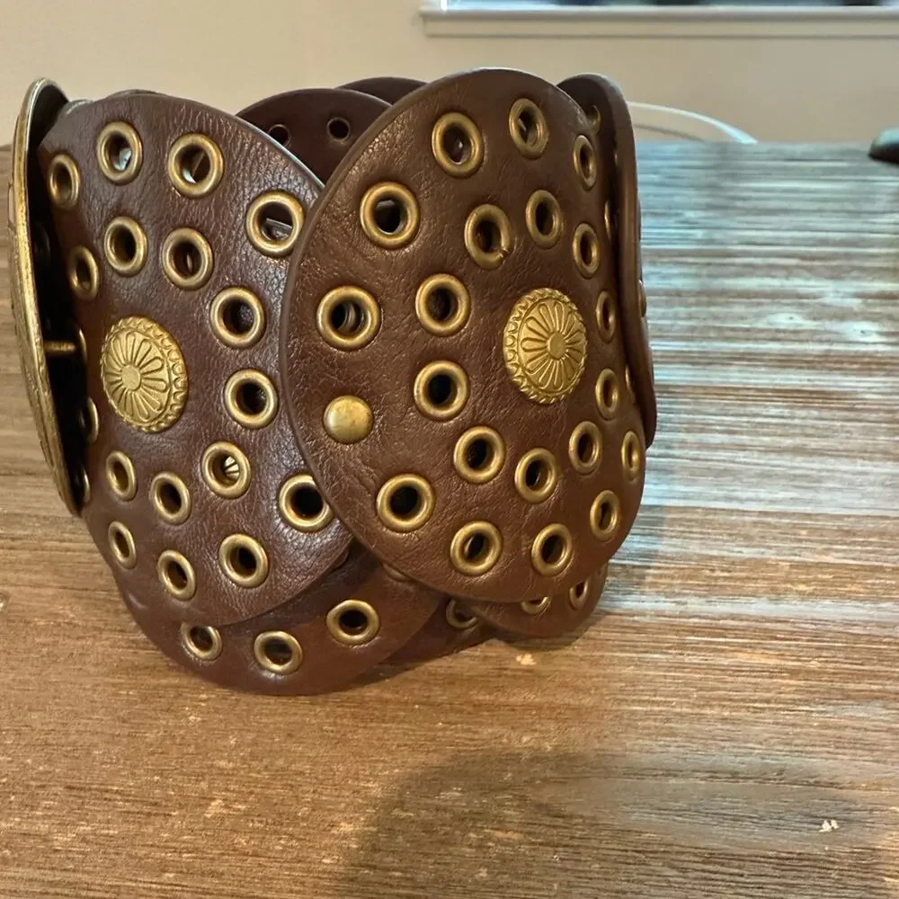 One Size Western Boho Embellished Circle Belt Brown Gold Big Buckle
